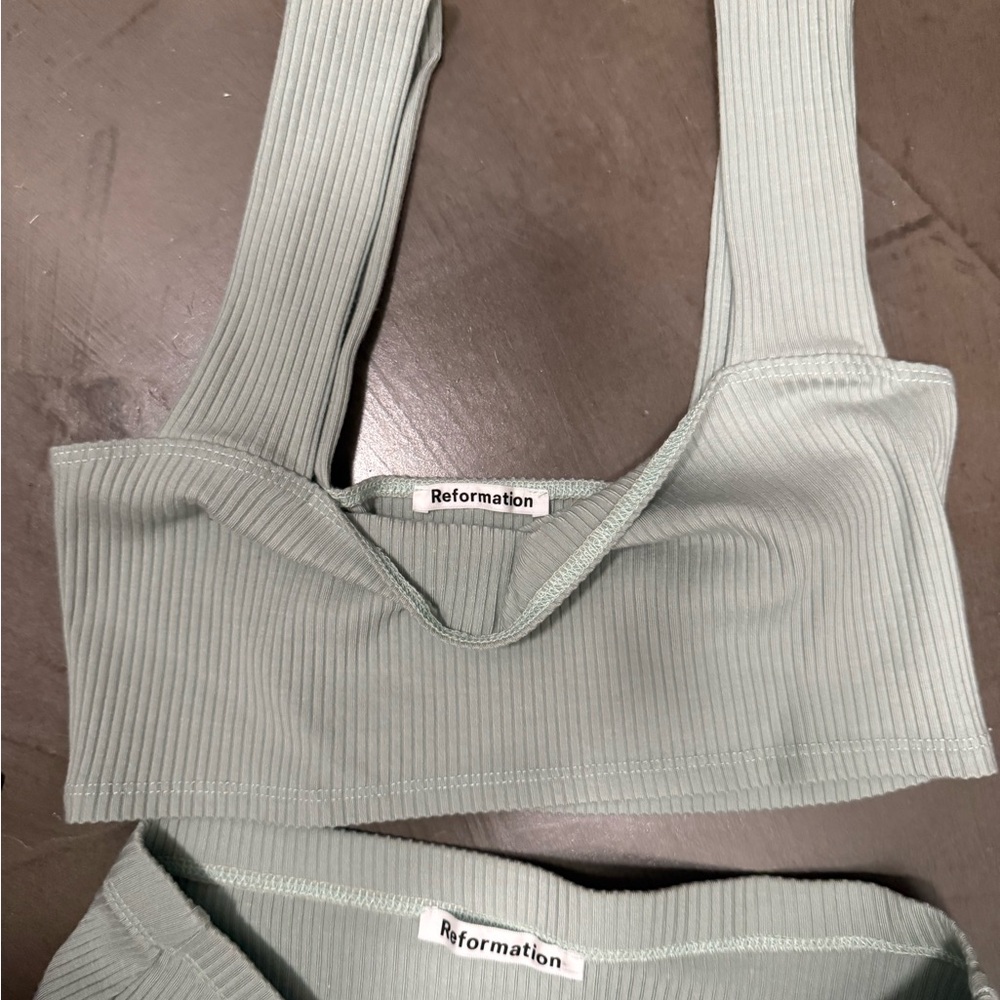 Reformation Ribbed Crop Top in Light Green with matching skirt with slit ribbed